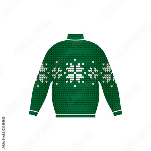 Winter warm sweater handmade, svitshot, jumper for knit, red color. Women's sweaters, men's sweater, unisex sweater. Design - snowflakes, reindeer jacquard pattern. Christmas, New Year, stock vector photo