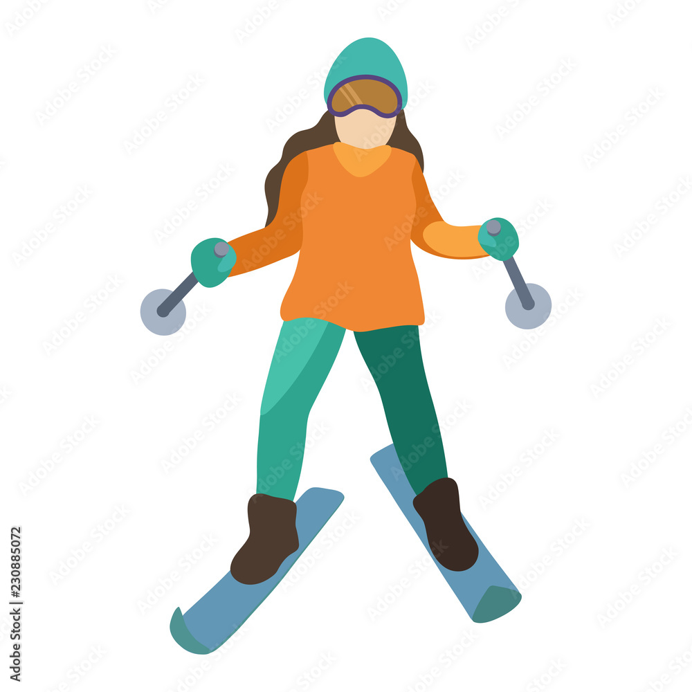 Young girl is riding a sky in stylish bright clothes. Young girl is riding a sky in stylish bright clothes.