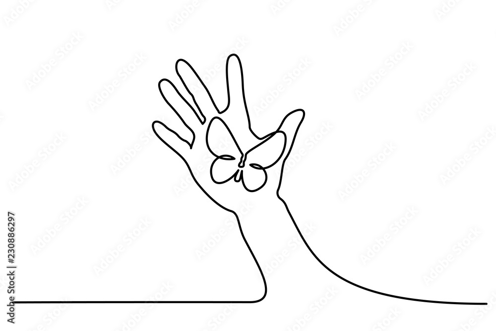 Continuous one line drawing. Abstract hand holding butterfly. Vector illustration Continuous one line drawing. Abstract hand holding butterfly. Vector illustration