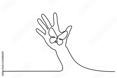 Continuous one line drawing. Abstract hand holding butterfly. Vector illustration