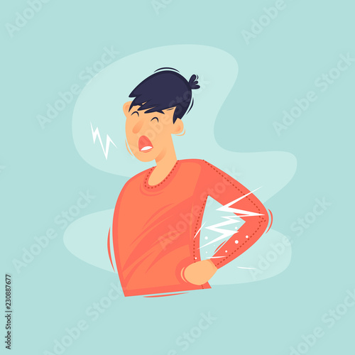 Man has a backache and health. Flat design vector illustration