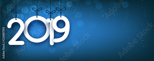 Blue shiny 2019 New Year banner. Bokeh effect.