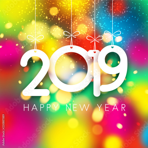 Colorful shiny 2019 Happy New Year card.