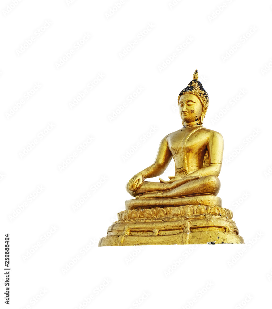 Thai old yellow-gold Buddha statue on a white background. The statue is blackened by time. Thai old yellow-gold Buddha statue on a white background. The statue is blackened by time.