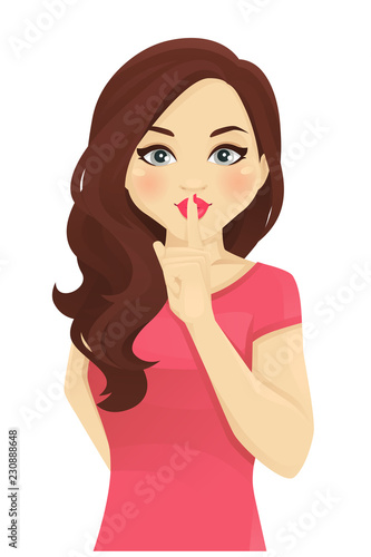 Shhh... Pretty woman keeps fingers on lips, demonstrates silence sign, has a secret isolated vector illustration