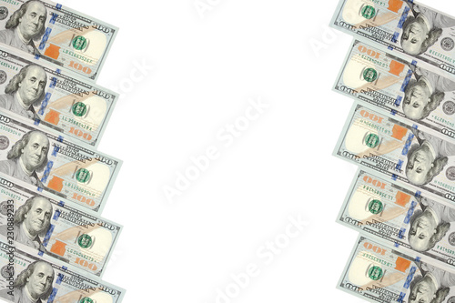 A frame of two rows of bills of one hundred dollars. White background on center line