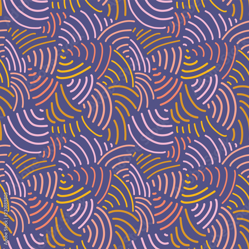Modern abstract vector background tile. Curved lines subtle seamless pattern in pink, yellow, orange, gold and blue. Handdrawn mosaic pattern texture. For digital paper, textile, fabric, page fills