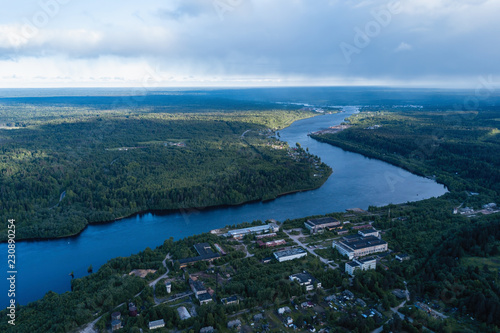 Aerial view of Svir river and forests of Leningrad region, Russia.
