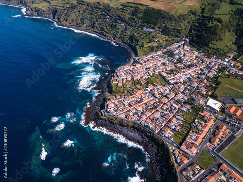 Aerial view of ocean surf on the San Miguel island reefs coast, Azores, Portugal.