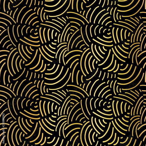 Gold foil abstract background. Curved lines seamless pattern metallic shiny golden on black. Handdrawn vector pattern texture. Modern, abstract, elegant mosaic for celebrations, Christmas, New Year