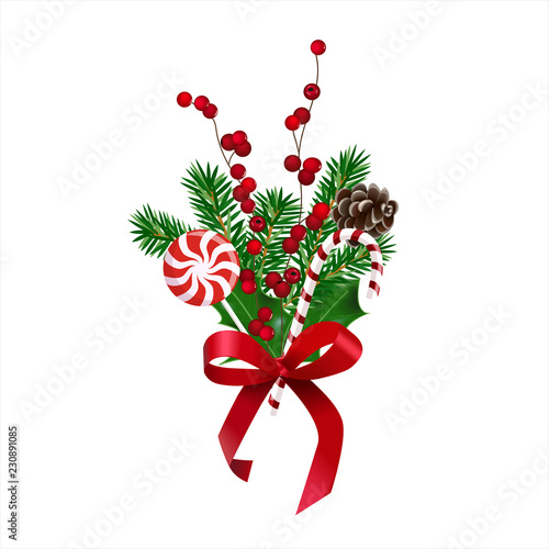 Holiday's Background with season wishes and Realistic Christmas Tree Branches and holly berry decorated