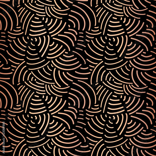 Elegant copper foil abstract background. Curved lines seamless pattern metallic shiny rose gold on black. Handdrawn vector texture. Modern mosaic for Christmas, New Year party, wedding celebration
