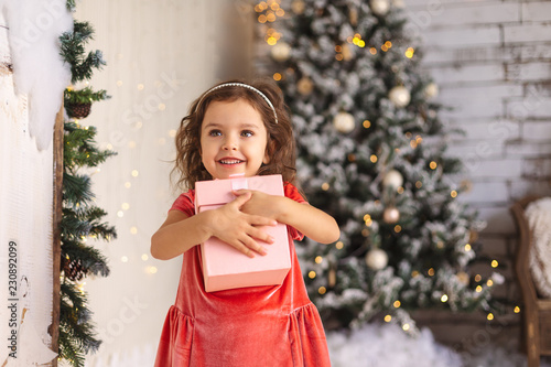 Cheerful little girl is hugging Christmas gift on Christmas tree photo