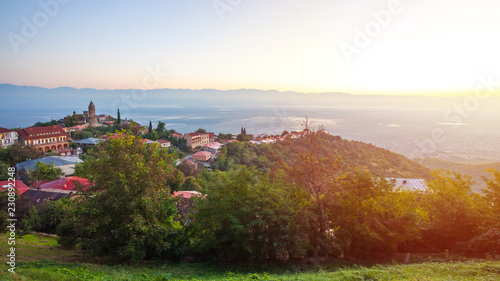 Signagi or Sighnaghi city in Kakheti region in Georgia, sunrise in Sighnaghi