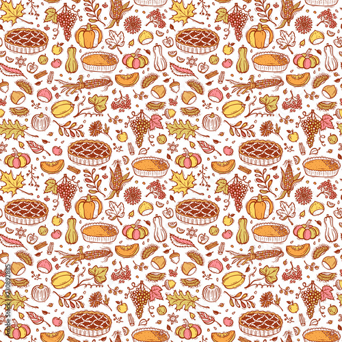 Thanksgiving Vector Food Background. Autumn Harvest Seamless Pattern. Fruits, Vegetables, Berries. Hand Drawn Doodle Apple pie, Pumpkin pie, Pumpkins, Corn, Grapes, Chestnuts, Apples, Leaves, Flowers