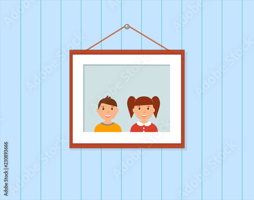 Happy family portrait: son and daughter on the light blue background. Vector illustration