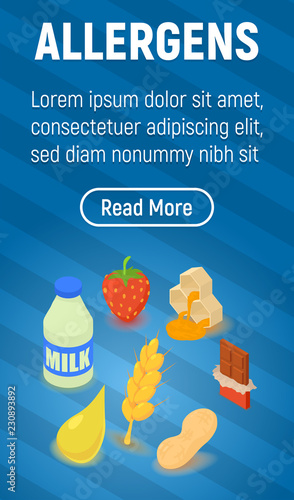 Allergens concept banner. Isometric banner of allergens vector concept for web, giftcard and postcard