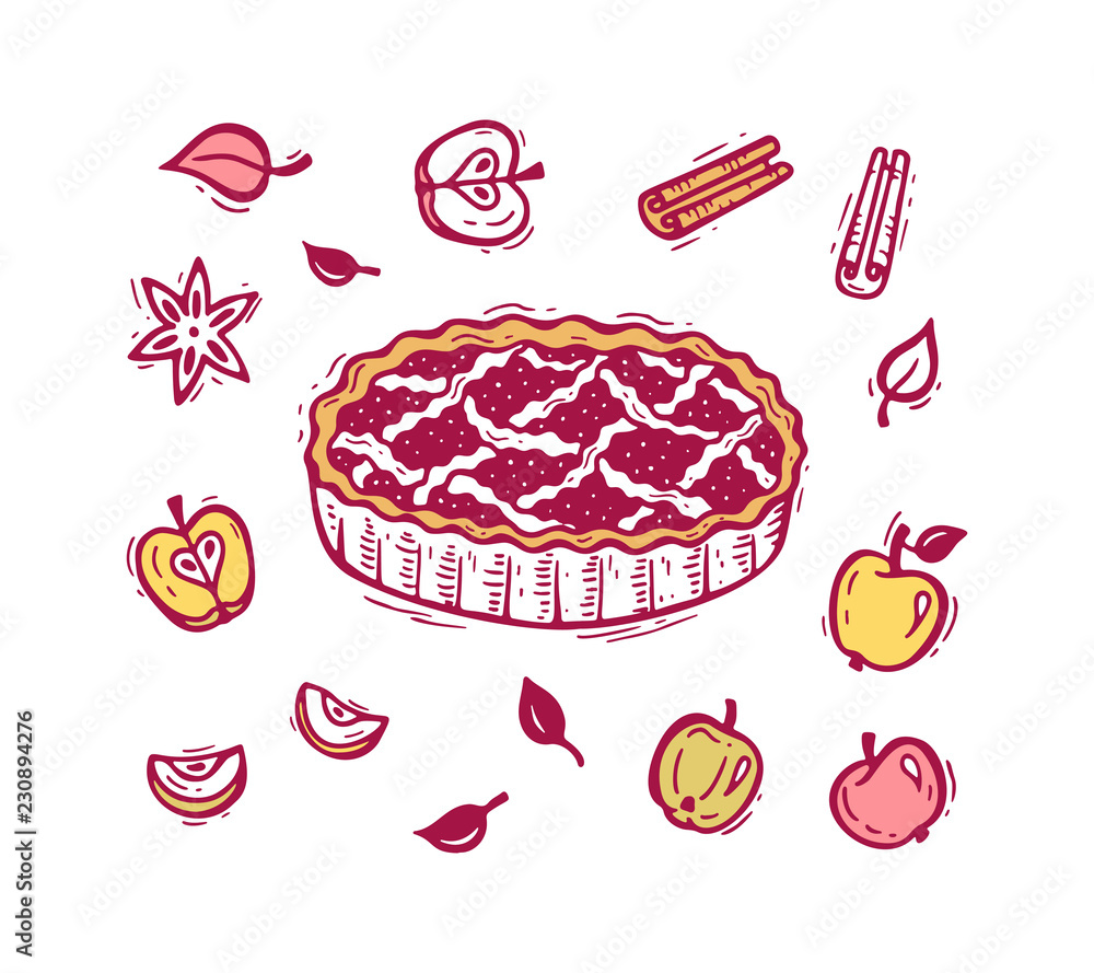 Vector Food. Hand Drawn Doodle Apple Pie, Fruits, Apples, Spices, Leaves. Happy Thanksgiving Day Greeting card template. Holiday Dish Vector Food. Hand Drawn Doodle Apple Pie, Fruits, Apples, Spices, Leaves. Happy Thanksgiving Day Greeting card template. Holiday Dish