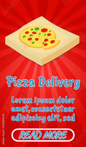 Pizza delivery concept banner. Isometric banner of pizza delivery comics vector concept for web, giftcard and postcard