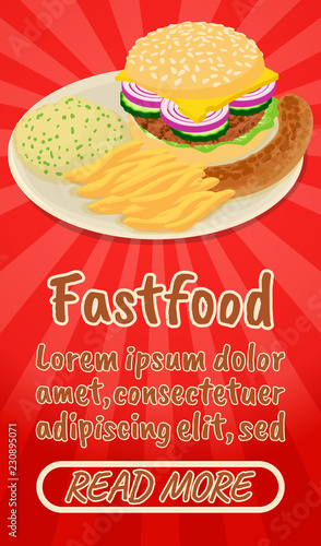 Fastfood concept banner. Isometric banner of fastfood comics vector concept for web  giftcard and postcard