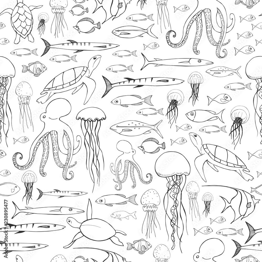 Obraz premium Underwater world. Hand drawn fish, jellyfish, turtles and octopuses. Vector seamless pattern