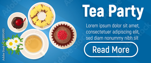 Tea party concept banner. Isometric banner of tea party vector concept for web, giftcard and postcard