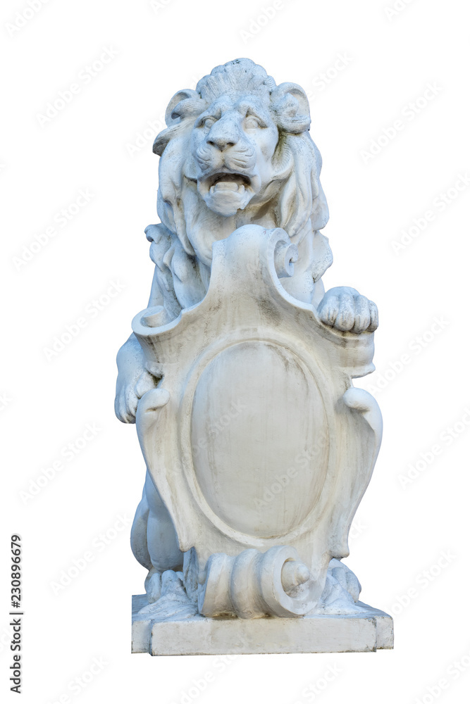 Sculpture of a lion with a scroll on a white isolated background.