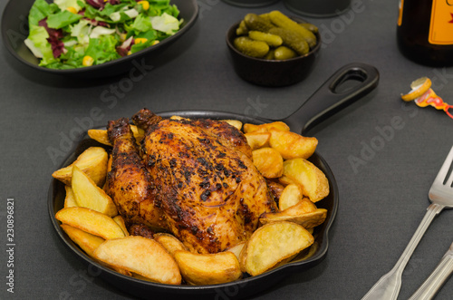 Roast chicken. Roasted chicken and french fries