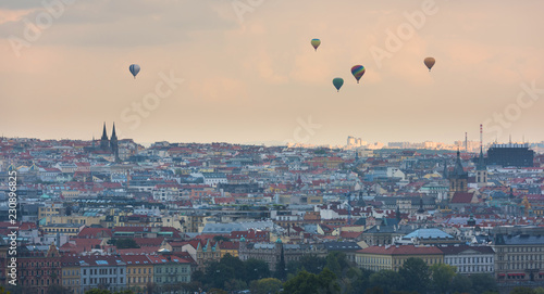 Prague panorama city skyline with Old Town, Prague and baloons on horizon