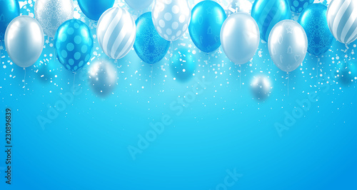 Blue festive background with balloons and confetti. Winter or Christmas design.