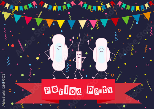 Vector illustration of dancing menstrual pad and tampon. Menstruation period and feminine hygiene products. First girl menstruation party time. Celebrating daughters menses days. Carnival background.