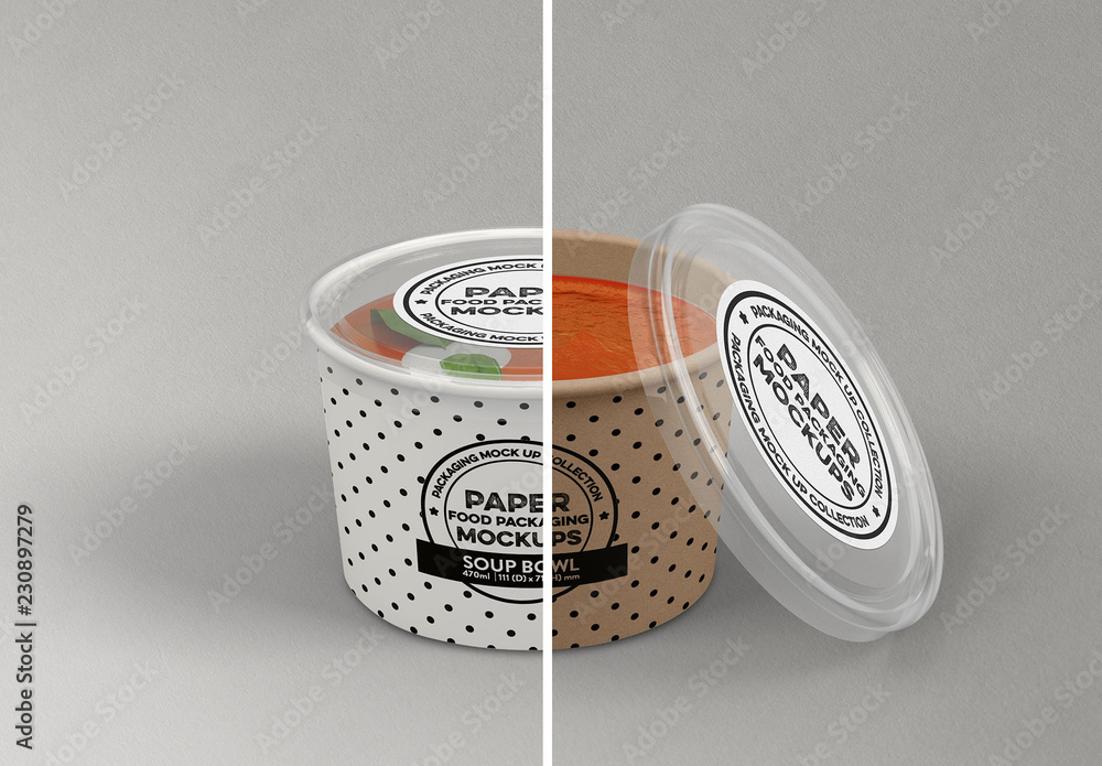 Paper Soup Bowl with Clear Lids Mockup Stock Template Adobe Stock