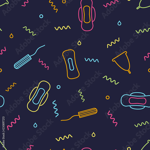 Seamless pattern with feminine hygiene products for menstrual period. Pads, tampons and menstrual cup for blood critical period. Vector illustration in memphis style.