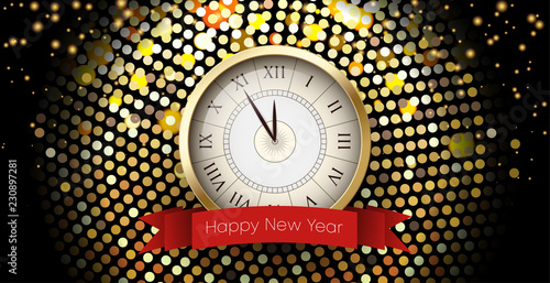 Happy New Year golden shiny poster with clock.
