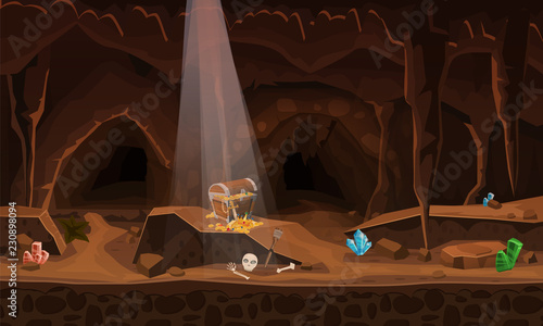 Treasure cave with chest gold coins, gems. Concept, art for computer game. Background image to use games, apps, banners, graphics. Vector cartoon illustration