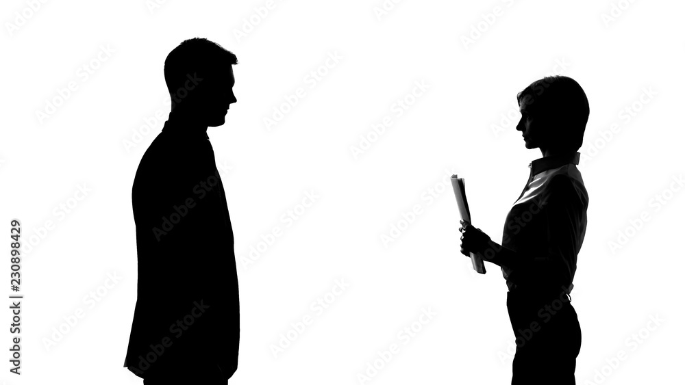 Black-and-white silhouette looking at female secretary holding documents