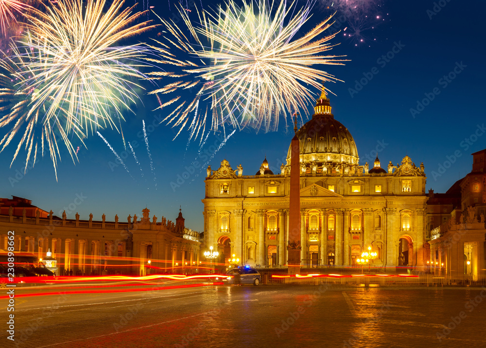Naklejka premium St. Peter's square and cathedral in Rome at night with fireworks, Italy