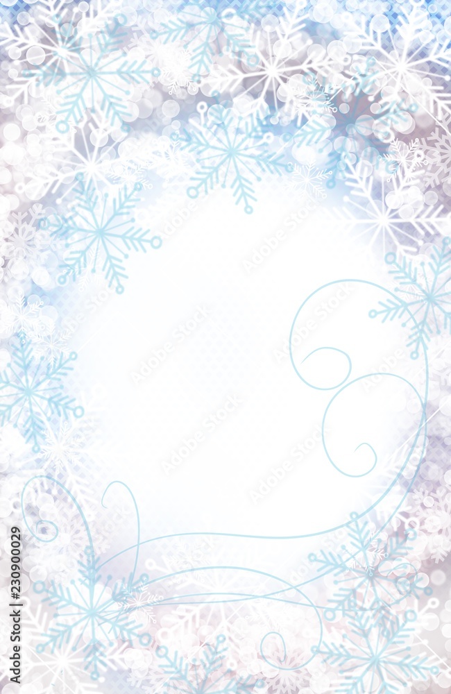 Winter snow and snowflake border frame for invitation, greeting card, poster, background in soft colors