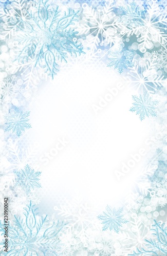 Fototapeta Naklejka Na Ścianę i Meble -  Winter snow and snowflake border frame for invitation, greeting card, poster, background in soft colors