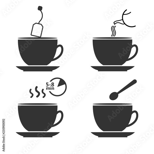 Tea preparation. Set of tea brew instruction. Steps how to cooking hot drink