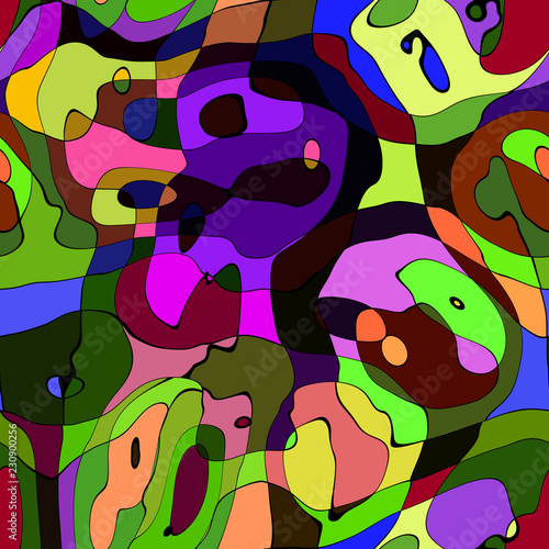 abstract curve shape painting with doodles. Smooth bend shape filled with bright colors seamless pattern.