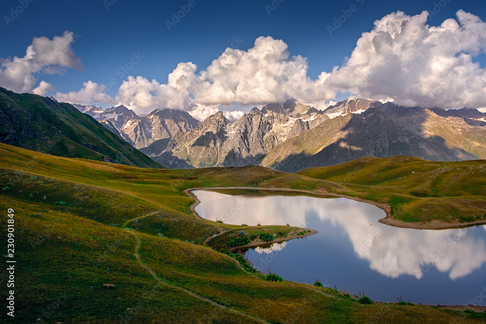 Beautiful mountain landscape view of Koruldi lakes in Svaneti, Country of Georgia