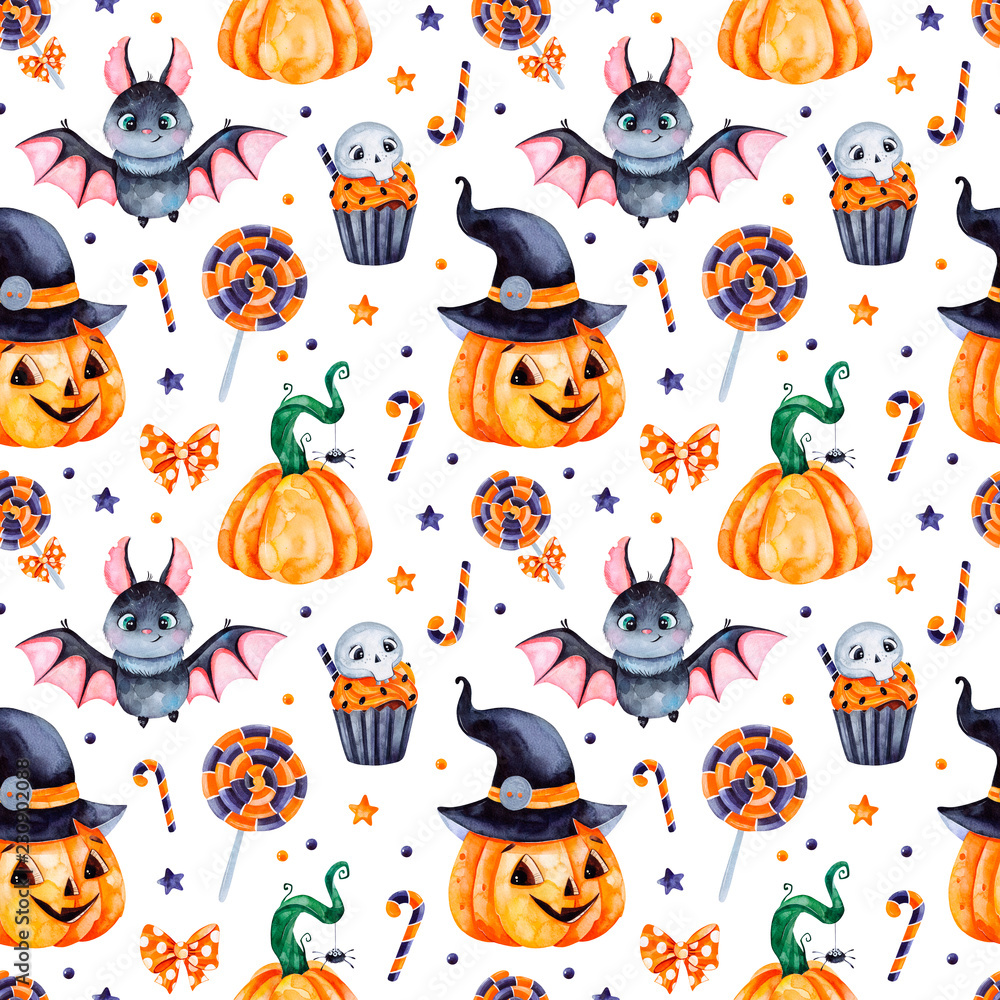 Cute watercolor Halloween seamless pattern.Background with pumpkins ...