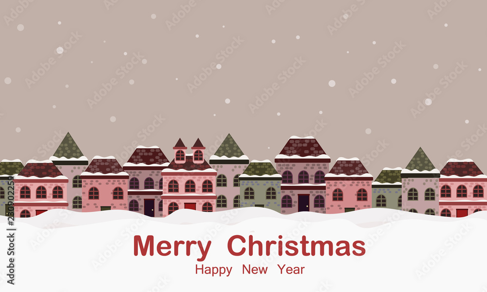  Christmas greeting card banner background with winter landscape and houses.  vector illustration
