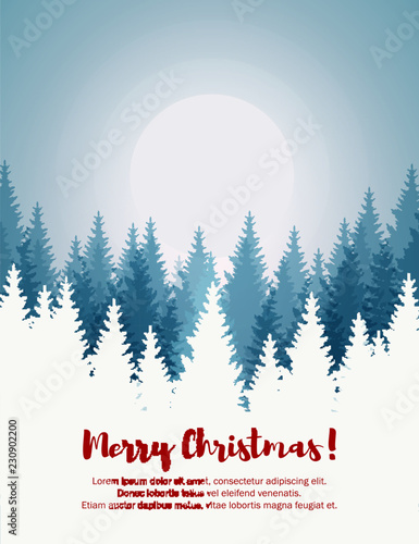 Vertical Merry Christmas and Happy New Year greeting card. Christmas tree winter landscape.