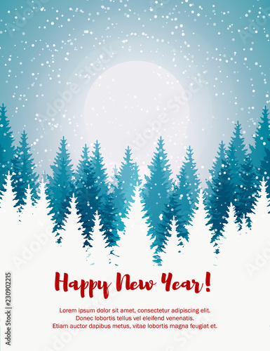 Vertical Merry Christmas and Happy New Year greeting card. Christmas tree winter landscape.