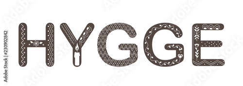 Vector Hygge lettering. Text with doodle ornament in Scandinavian style.