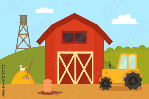 Farm Building with Animals Vector Illustration