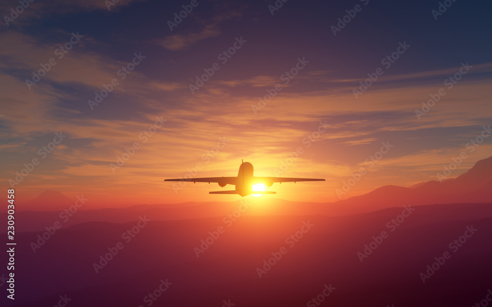 Big airliner flying at sunset or sunrise over a beatiful landscape of mountains. 3D illustration