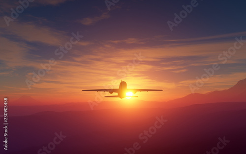 Big airliner flying at sunset or sunrise over a beatiful landscape of mountains. 3D illustration © cameraman